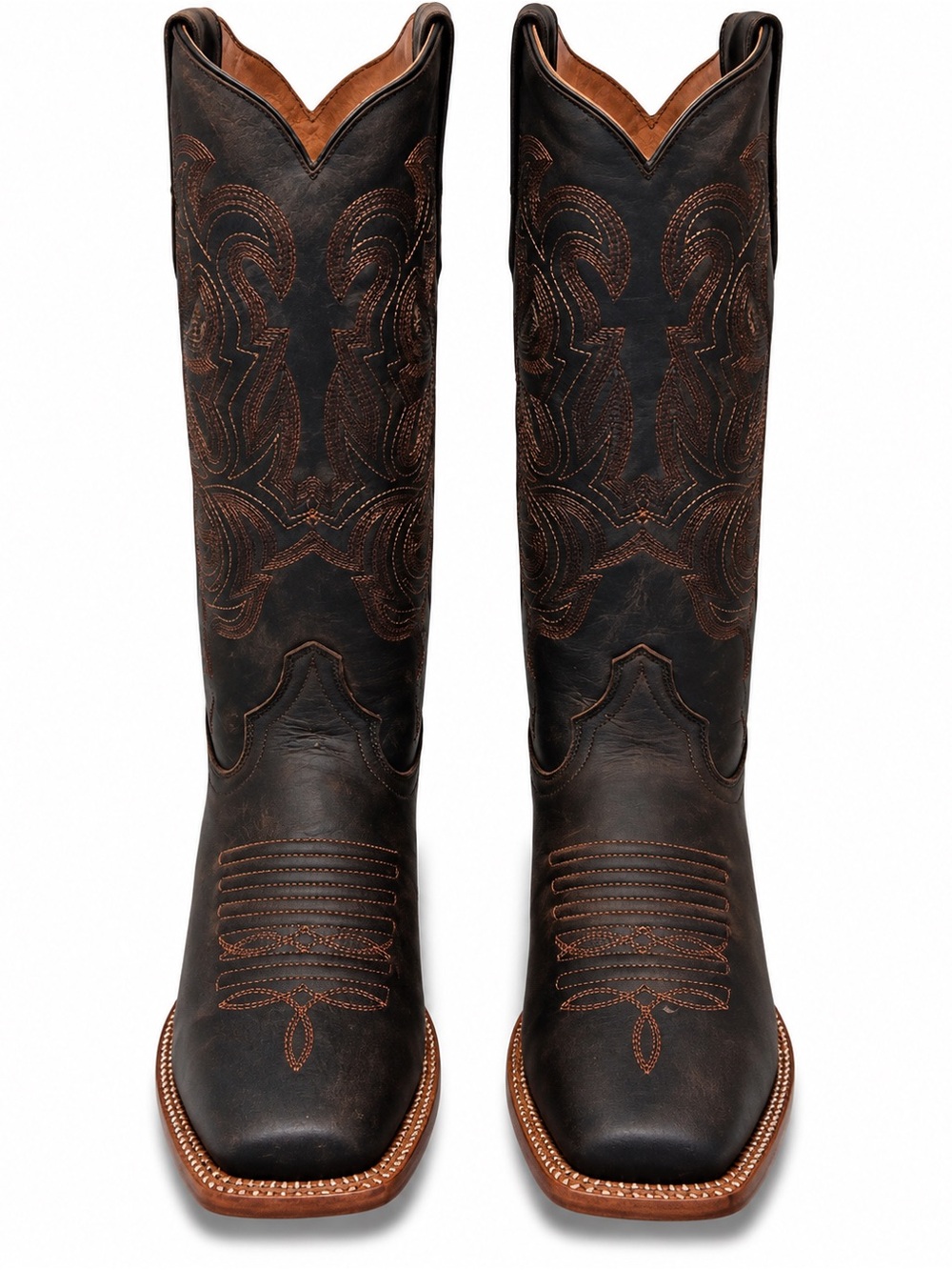 Tanner Mark Dark Brown Leather Western Cowboy Boots Embroidered Square Toe